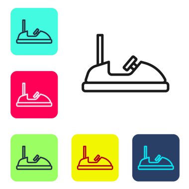 Siyah çizgi çarpışan araba simgesi beyaz arkaplanda izole edildi. Eğlence parkı. Çocuklar için eğlence parkı, eğlence parkı. Renkli kare düğmelerle simgeleri ayarla. Vektör