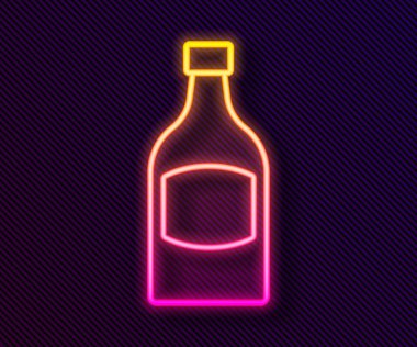Parlayan neon hattı bira şişesi simgesi siyah arka planda izole edildi. Vektör