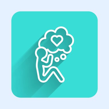 Beyaz çizgi, kalp ikonuna sahip insan kafası uzun gölge arkaplan ile izole edilmiş. İnsan kafasıyla aşk kavramı. Yeşil kare düğmesi. Vektör