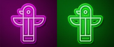 Parlayan neon hattı, mor ve yeşil arka planda izole edilmiş Kanada totem direği simgesi. Vektör