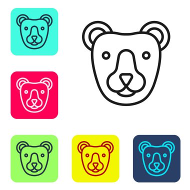 Siyah çizgi ayı başı simgesi beyaz arkaplanda izole edildi. Renkli kare düğmelerle simgeleri ayarla. Vektör