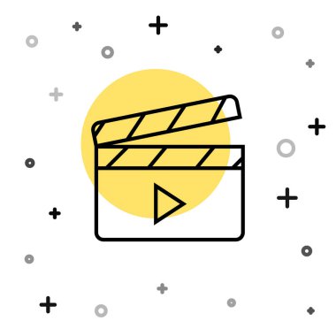 Siyah çizgi film alkışlayıcı simgesi beyaz arkaplanda izole edildi. Film alkışlama tahtası. Alkış tahtası işareti. Sinema yapımı ya da medya endüstrisi. Rastgele dinamik şekiller. Vektör