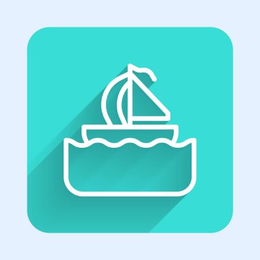 Beyaz çizgili yelkenli ya da uzun gölgeli gemi ikonu. Yelkenli deniz seyahati. Yeşil kare düğmesi. Vektör