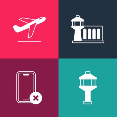 Pop Sanat Havalimanı kontrol kulesini ayarla, cep telefonu yok, ve uçak kalkış ikonu. Vektör