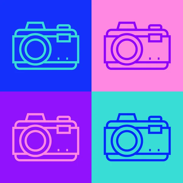 Pop art line Icône de caméra photo isolée sur fond couleur. Caméra photo. Photographie numérique. Vecteur — Image vectorielle