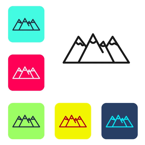 Línea negra Paisaje canadiense con montañas e icono del lago aislado sobre fondo blanco. Establecer iconos en botones cuadrados de color. Vector — Archivo Imágenes Vectoriales