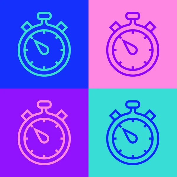 Pop art lijn Stopwatch pictogram geïsoleerd op kleur achtergrond. Tijdklok teken. Chronometerteken. Vector — Stockvector