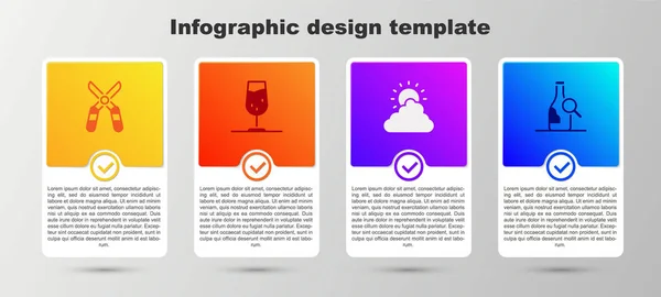 Set Ciseaux de jardinage, Verre à vin, Soleil et nuages et Bouteille de vin. Modèle d'infographie d'entreprise. Vecteur — Image vectorielle