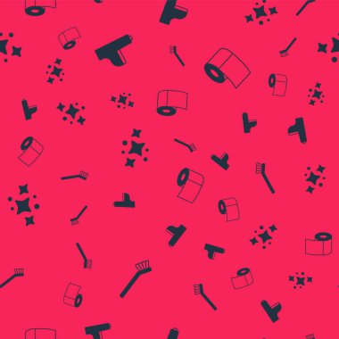 Temizlik için fırçayı, klozeti, ev servisini ve kağıt rulosunu kusursuz desen üzerine kurun. Vektör