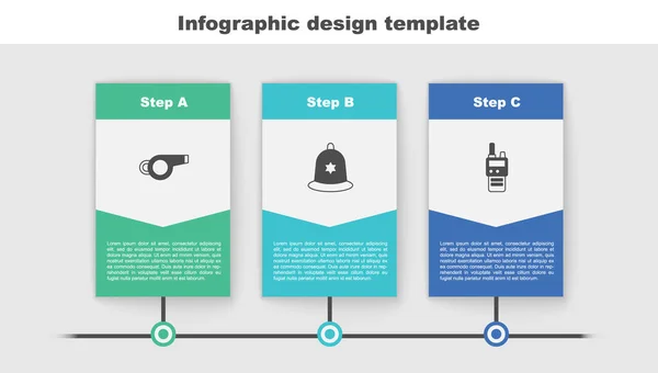 Set Whistle, capacete da polícia britânica e Walkie Talkie. Modelo de infográfico de negócios. Vetor —  Vetores de Stock