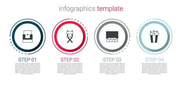 Set Cadeira de cinema, filme diretor, auditório com tela e caixa de papelão pipoca. Modelo de infográfico de negócios. Vetor —  Vetores de Stock