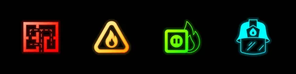 Set Plan d'évacuation, Flamme de feu en triangle, Câblage électrique de prise de feu et icône du casque de pompier. Vecteur — Image vectorielle