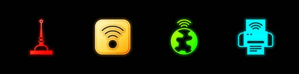 Anten, kablosuz internet, küresel teknoloji ve Smart yazıcı ikonu ayarla. Vektör — Stok Vektör