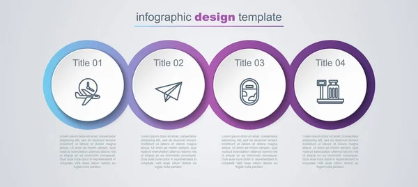 Establecer línea Tiempo de vuelo, Avión de papel, Ventana de avión y Escala con maleta. Plantilla de infografía empresarial. Vector — Vector de stock