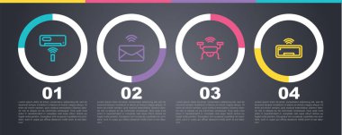 Hattı ayarlayın, klima, e-posta, akıllı dron sistemi ve bilgisayar klavyesi. Ticari bilgi şablonu. Vektör