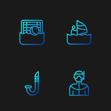 Tüplü dalış, şnorkel, su topu ve rüzgar sörfü için dalış kıyafeti ayarlayın. Renk simgeleri. Vektör