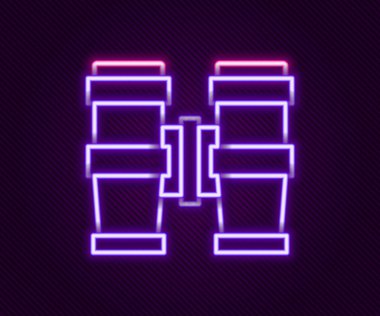 Parlayan neon çizgisi Dürbün simgesi siyah arkaplanda izole edildi. Yazılım işareti bul. Casus ekipman sembolü. Renkli taslak konsepti. Vektör