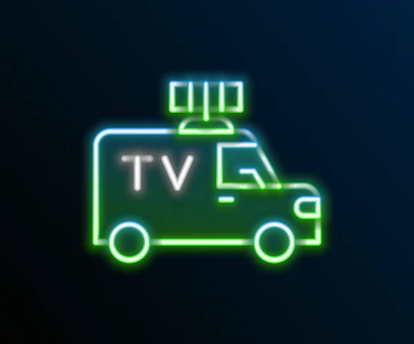 Linea neon luminosa TV News auto con attrezzature sull'icona del tetto isolato su sfondo nero. Concetto di contorno colorato. Vettore — Vettoriale Stock