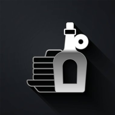 Siyah arka planda izole edilmiş bir yığın krep ikonu içeren gümüş akçaağaç şurubu. Uzun gölge tarzı. Vektör.