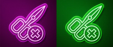 Parlayan neon hattı. Mor ve yeşil arkaplanda izole edilmiş makas simgesi yok. Vektör.