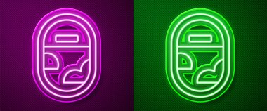 Parlayan neon çizgisi uçak pencere simgesi mor ve yeşil arkaplanda izole edildi. Uçak lombozu. Vektör.