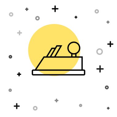 Ahşap işçisinin el yapımı simgesi için siyah çizgi ahşap uçak aracı beyaz arka planda izole edildi. Ortak düzlem. Rastgele dinamik şekiller. Vektör.