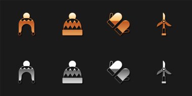 Kış şapkası Beanie Noel eldiveni ve rüzgar türbini ikonunu ayarla. Vektör.