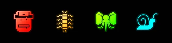 Set Mochila Senderismo Centipede Insecto Elefante Caracol Icono Vector — Vector de stock