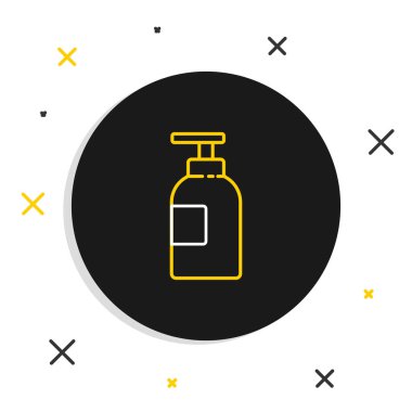 Çizgili El dezenfektanı beyaz arka planda izole edilmiş. Dezenfeksiyon konsepti. Yıkama jeli. Hijyen için alkol şişesi. Renkli taslak konsepti. Vektör