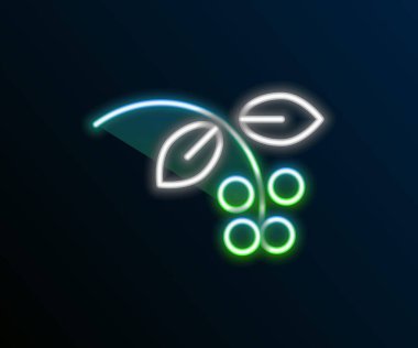 Parlayan neon hattı kahve çekirdeği, siyah arka planda yaprak ve dut ikonu olan bir dal. Yapraklı bitki, dut, meyve, tohum. Renkli taslak konsepti. Vektör