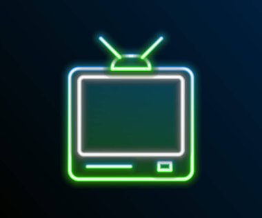 Parlayan neon hattı Retro TV simgesi siyah arkaplanda izole edildi. Televizyon tabelası. Renkli taslak konsepti. Vektör