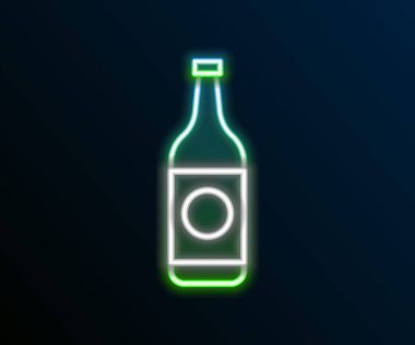 Parlayan neon hattı bira şişesi simgesi siyah arka planda izole edildi. Renkli taslak konsepti. Vektör