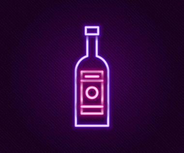 Parlayan neon hattı siyah arka planda izole edilmiş cam şişe votka ikonu. Renkli taslak konsepti. Vektör