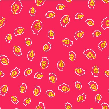 Kulaklık simgesine sahip Çizgi Adam kırmızı arka planda kusursuz desen izole etti. Destek operatörü hatta. Çağrı merkezi konsepti, müşteri destek servisi. Vektör