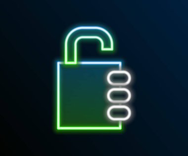 Parlayan neon hattı güvenli kilit simgesi siyah arkaplanda izole edildi. Kombinasyon asma kilit. Güvenlik, güvenlik, koruma, şifre, gizlilik. Renkli taslak konsepti. Vektör