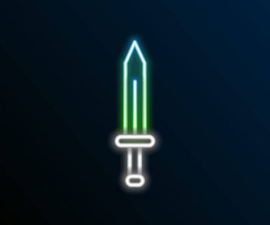 Parlayan neon hattı Ortaçağ kılıç ikonu siyah arka planda izole edildi. Ortaçağ silahı. Renkli taslak konsepti. Vektör