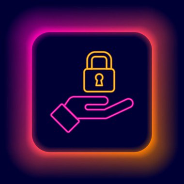Parlayan neon hattı Siyah zemin üzerinde el simgesi kilidi izole edildi. Asma kilit işareti. Güvenlik, güvenlik, koruma, gizlilik kavramı. Renkli taslak konsepti. Vektör