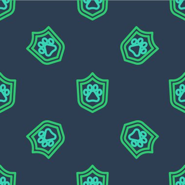 Hayvan sağlığı ikonu mavi arka planda izole edilmiş kusursuz desen. Hayvan koruma konsepti. Köpek ya da kedi pençesi izi. Vektör