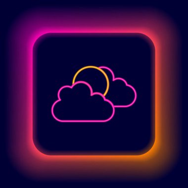 Parlayan neon hattı güneş ve hava durumu ikonu siyah arkaplanda izole edildi. Renkli taslak konsepti. Vektör