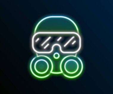 Parlayan neon hattı gaz maskesi simgesi siyah arkaplanda izole edildi. Solunum cihazı işareti. Renkli taslak konsepti. Vektör