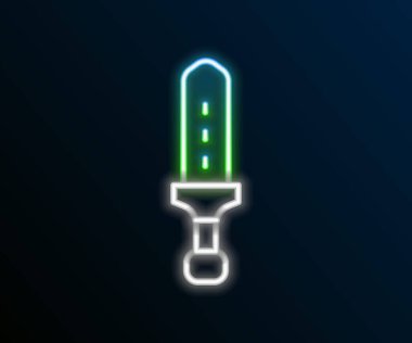 Parlayan neon hattı Ortaçağ kılıç ikonu siyah arka planda izole edildi. Ortaçağ silahı. Renkli taslak konsepti. Vektör