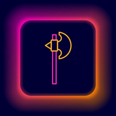 Parlayan neon hattı Ortaçağ balta simgesi siyah arka planda izole edildi. Savaş baltası, cellat baltası. Ortaçağ silahı. Renkli taslak konsepti. Vektör