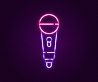 Parlayan neon hattı mikrofon simgesi siyah arkaplanda izole edildi. Radyodaki mikrofondan. Sözcü işareti. Renkli taslak konsepti. Vektör