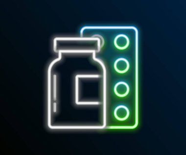 Parlayan neon çizgisi hapları siyah arka planda izole edilmiş. İlaç paketi. Tablet, vitamin, antibiyotik, aspirin. Renkli taslak konsepti. Vektör