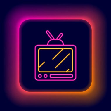 Parlayan neon hattı Retro TV simgesi siyah arkaplanda izole edildi. Televizyon tabelası. Renkli taslak konsepti. Vektör