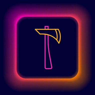 Parlayan neon hattı itfaiyeci balta simgesi siyah arka planda izole edildi. Yangın baltası. Renkli taslak konsepti. Vektör