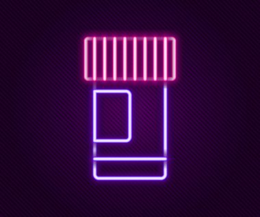 Parlayan neon hattı ilaç şişesi ve siyah arka planda izole edilmiş hap ikonu. Şişe hapı işareti. Eczane tasarımı. Renkli taslak konsepti. Vektör