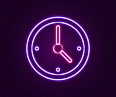 Parlayan neon çizgi saat simgesi siyah arkaplanda izole edildi. Zaman sembolü. Renkli taslak konsepti. Vektör