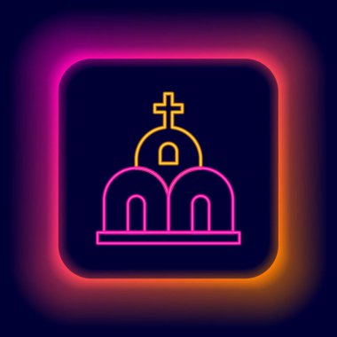 Parlayan neon hattı kilise binası simgesi siyah arka planda izole edildi. Hıristiyan Kilisesi. Kilisenin dini. Renkli taslak konsepti. Vektör