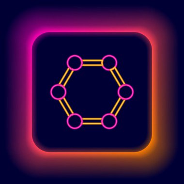 Parlayan neon hattı Molekül simgesi siyah arkaplanda izole edildi. Kimya moleküllerinin yapısı, fen öğretmenlerinin yenilikçi eğitim posteri. Renkli taslak konsepti. Vektör